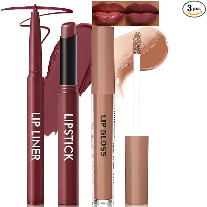 Lip Kit - Creamy Lip Liner Pencil Matte Lipstick Nude Lip Gloss Nourishing Lip Combo Sets for Women, High Pigment Moisturizing Lightweight Long Wear Lip Liner and Gloss Set for Daily/Party