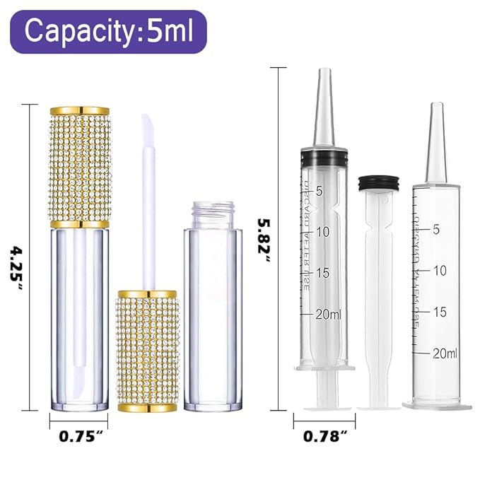AMORIX 24 Pack Gold Crystal Lip Gloss Tubes with Wand 5ml Empty Lip Gloss Containers Lipgloss Bottles with Stoppers 2pcs Syringes + Labels for DIY Lip Gloss Balm