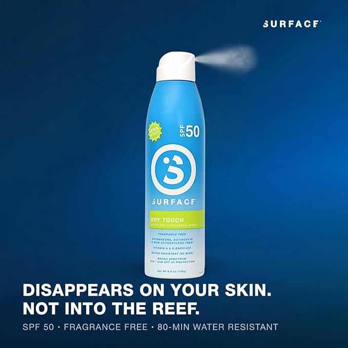 Surface Sunscreen Spray SPF 50 for Body, Natural Formula, Lightweight and Reef Friendly, Broad Spectrum UVA UVB Protection, Water Resistant Sun Care for Outdoor Use, Fragrance Free, 6oz
