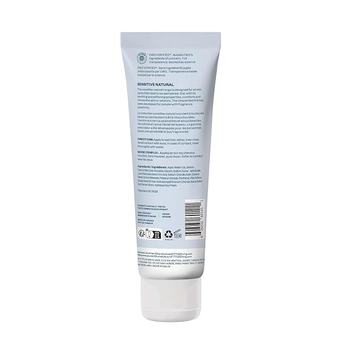 ATTITUDE Volume & Shine Hair Shampoo, EWG Verified, Extra Gentle, Enriched with Oatmeal, Naturally Derived Ingredients, Vegan, Plant Based, Unscented, 8 Fl Oz