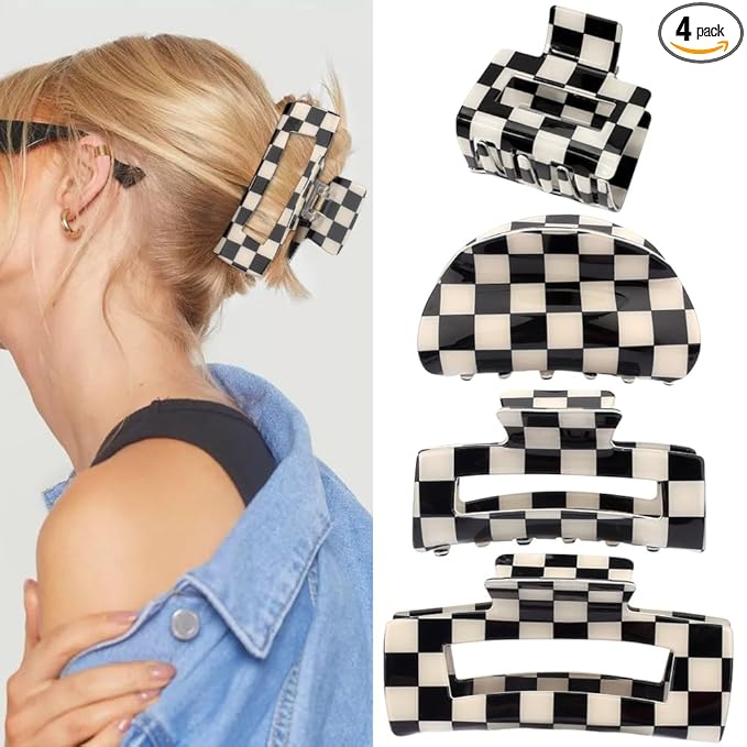 Atoden Checkered Hair Clips for Thick Thin Hair 4Pcs Large Medium Small Square Claw Clips Non Slip Strong Hold Jaw Clips Y2K Hair Accessories for Women Girls Black White