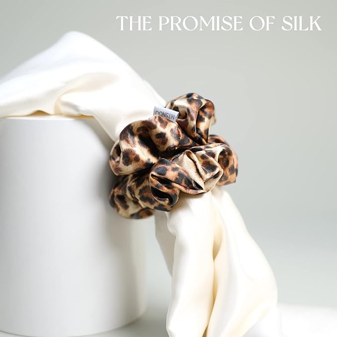 MTSNOO Silk Scrunchies, 100% Pure 22 Momme Mulberry, 3 Pack, RoseGold+GoldLeopard+Gold, Hair Ties for Curly Hair, Elastic Band, Scrunchies Set for Women Girls