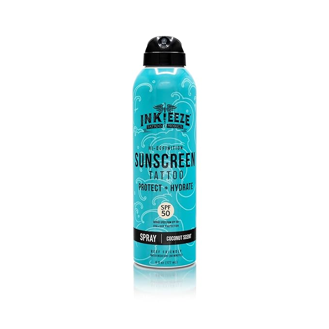 INK-EEZE Tattoo Sunscreen Spray SPF 50, UVA/UVB Blocking, Dries Clear, Ozone Reef Friendly, Vegan, Made in USA, Coconut, 6oz spray