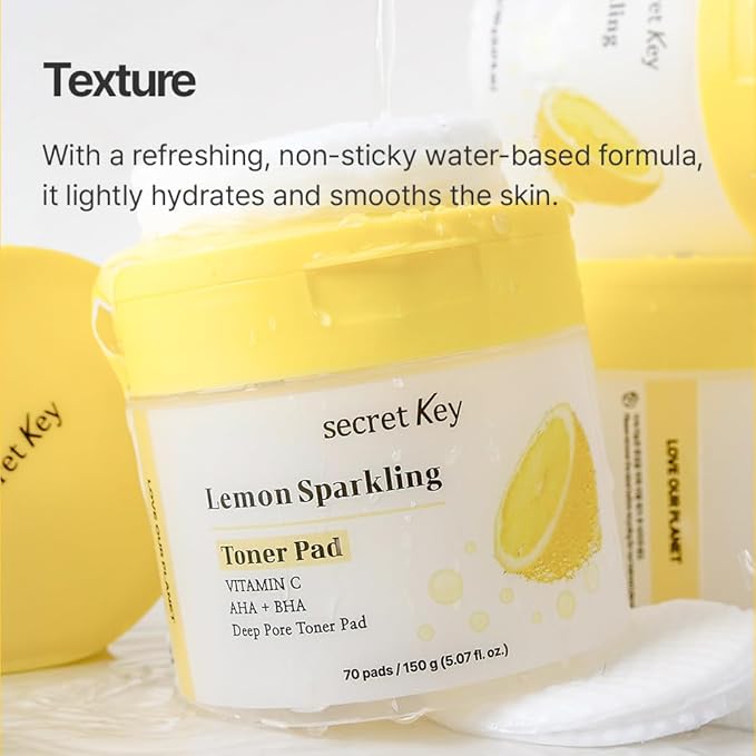 SECRETKEY Lemon Sparkling Toner Pads, Lemon & Vitamin C with AHA and BHA, For Radiant-Looking and Hydrated Skin, Daily Facial Pads for Dull Skin and Pores, Korean Skincare (6.00 oz / 170g)