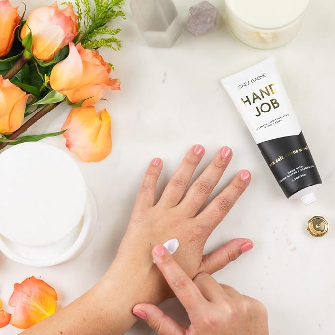 Chez Gagné Vegan Hand Cream for Dry Hands - Hand Job - Sea Salt Citrus and Neroli 3.4oz Non-Greasy Moisturizing Hand Lotion - Made in California - Paraben, Sulfate & Phthalate Free - Funny Gift
