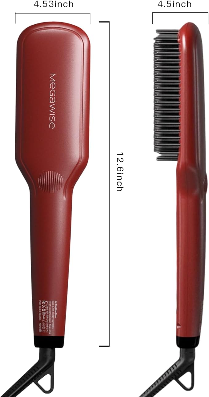 Megawise Pro Ceramic Ionic Hair Straightener Brush – Fast 20s Heating, Auto-Off, Anti-Scald, Dual Voltage, Rotatable Power Cord – Home Salon Styling (Tomato Red)
