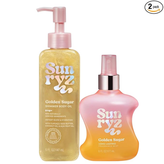 PDC Brands Sunryz Golden Sugar Shimmer Body Oil and Fragrance Mist, Limited Edition, 5 fl oz and 6 fl oz, 2 Piece Set (Golden Sugar)