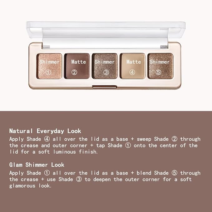 5 Colors Neutral Nude Matte & Shimmer Eyeshadow Palette, Neutral-Warm Rose Brown Beige Bronze Mattes Glitter Eye Shadow Contour Makeup Palette for Mature Women, Blue Green Eyes, Daily Natural Makeup