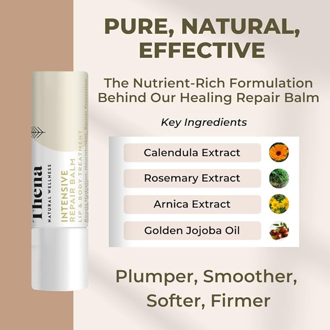 THENA Natural Wellness Organic Lip Balm & Moisturizer for Cracked & Very Dry Lips, Barrier Repair Lip Treatment for Dry Cracked Lips with Shea Butter & Vanilla, Hydrating Therapy, 3 Pack, Women & Men