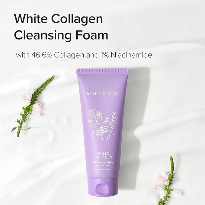 Mary&May White Collagen Cleansing Foam Duo Twin Pack - Deep Cleansing, Hydrating Formula for Firm and Radiant Skin with Niacinamide - Korean Skincare, EWG Green Grade, Hypoallergenic, 10.14 Fl Oz
