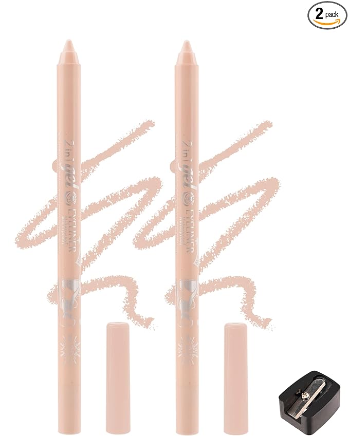 2Pcs Nude Waterline Eyeliner Gel Pencil,Peach Eyeliner Waterline Waterproof Smudge-Proof, Long Stay Eye Liner Brightener Pen with Sharpener, Safe for Sensitive Eyes, Soft Cream Colored Eye Makeup Pen