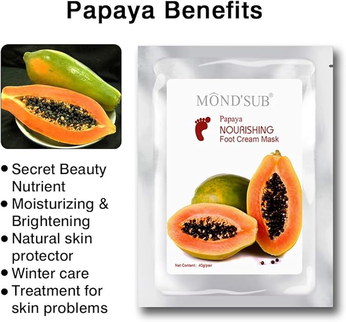 MOND’SUB Papaya Nourishing Foot Cream Mask Leave Skin Soft Smooth and Supple Dissolves Inactive Protein and Dead Skin Cells Spa Mask Moisture Enhancing Socks for Dry Feet(1box=5pcs)