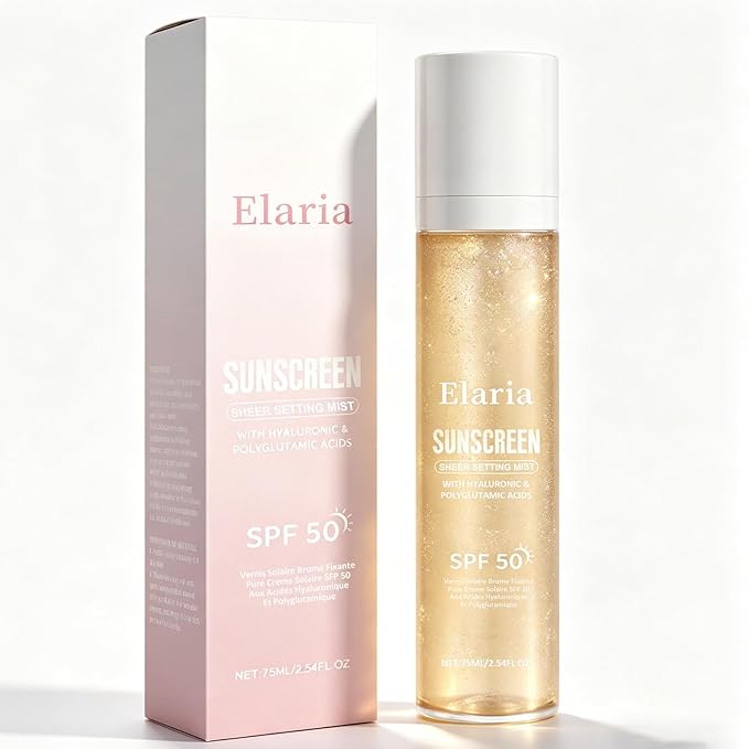 Elaria Sheer Setting Mist Sunscreen SPF 50, Shimmer Body Oil Spray for Face & Body, Lightweight, Non-Greasy, Hydrating Makeup-Friendly Glow Spray for All Skin (1)