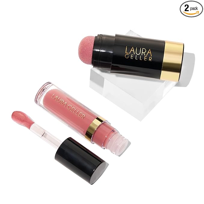 LAURA GELLER NEW YORK Serum Staples Soothing Blush + Lip Duo - Blush Cheek Tint, Practical Pink + Jelly Balm Lip Serum, There She Rose