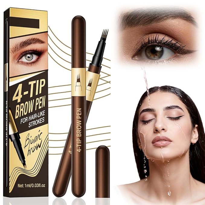 2Pcs 4-Tip Microblading Liquid Eyebrow Pen, Creates Natural Hair-Like Strokes, Waterproof Long-Lasting Smudge-Proof Brow Pen, Light Brown Eyebrow Pencil for Women (Deep Brown)