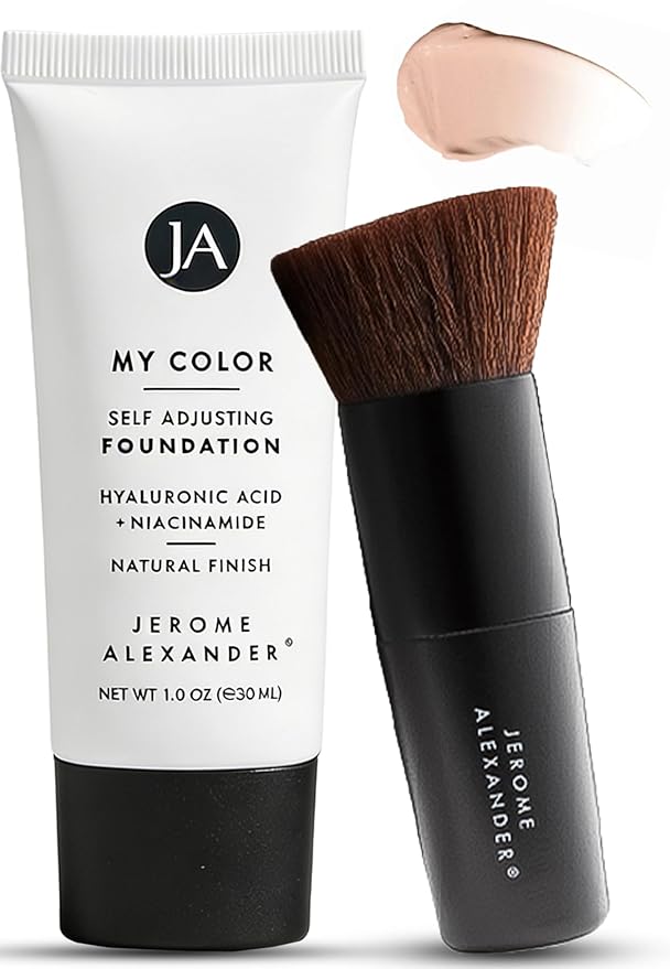Jerome Alexander My Color Self-Adjusting Foundation, Hydrating & Lightweight Face Makeup, Skincare-Infused, with Kabuki Brush, Light, 1 oz