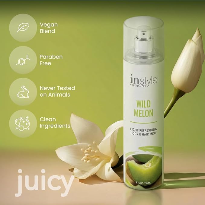 Instyle Fragrances Light Refreshing Body & Hair Mist, Wild Melon, Premium Women’s Body Spray, Infused with Panthenol, CLEAN, Vegan, Paraben-Free, Phthalate-Free, 8 Fluid Ounces