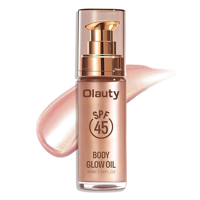 Shimmer Oil, SPF 45 Sunscreen Body Makeup Waterproof No Transfer Body Luminizer Lotion Glow for Women, Liquid Illuminator Bronzer, Long-lasting, Radiance Skin (01#Rose Gold)