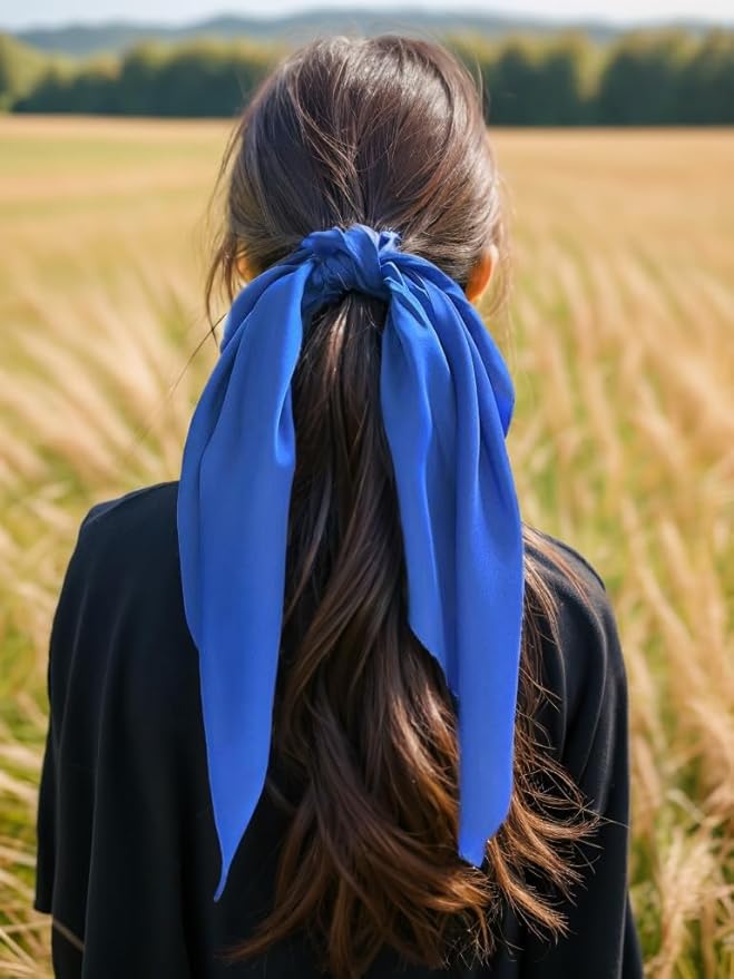 Pack of 2 Knotted Bow Hair Scrunchies Elastic Hair Scarf Hair Ties Bands Satin Hair Ribbon Scrunchy Ponytail Holder for Women and Girls,Hair Scarf Scrunchies,Hair Accessories (Royal Blue)