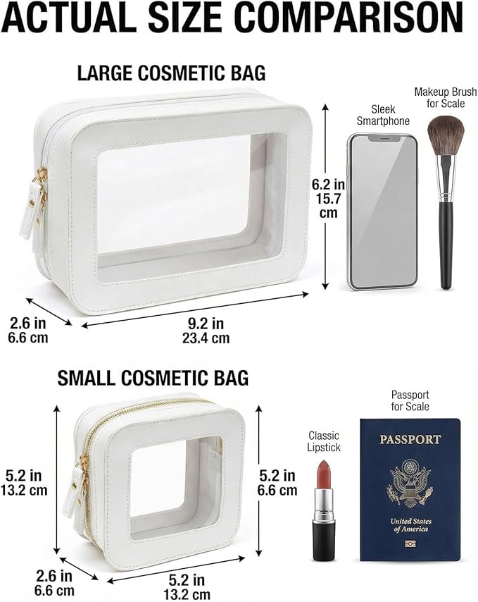 LETGO Clear Makeup Bag Set, Waterproof PU Leather Portable Makeup Bag for Purse with Transparent Window, Travel Lipstick Case Pouch Car Organizer and Storage (2Pack-Standard&Square, Beige)