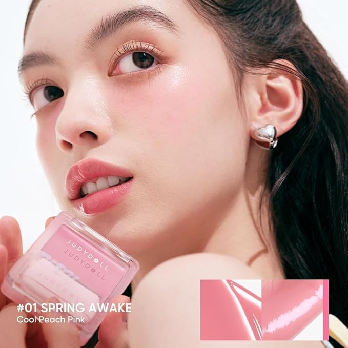 JUDYDOLL Glow Blush Balm,85% Essence-Infused,Hydrating, Buildable&Non-Patchy Cheek Color with Puff,Dewy Finish,Lightweight Blush for Cheeks, Cool Toned Blush (01 Spring Awake)