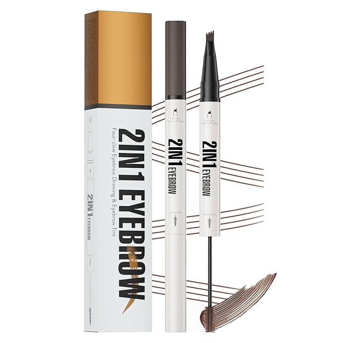 2-in-1 Eyebrow Pencil & Tinted Brow Gel - Dual-Ended Microblading Pen with 4-Fork Tip, Waterproof, Smudge-Proof for Natural Hair-Like Brows, Long Lasting 24H (Dark Brown)