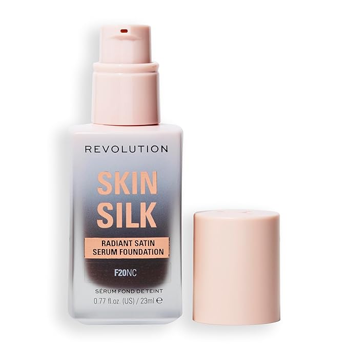Revolution Skin Silk Radiant Satin Serum Foundation, Buildable Coverage with Hydrating Hyaluronic Acid for a Natural Finish, Vegan & Cruelty-Free, F20NC Deep Skin Tones, 0.77 fl oz