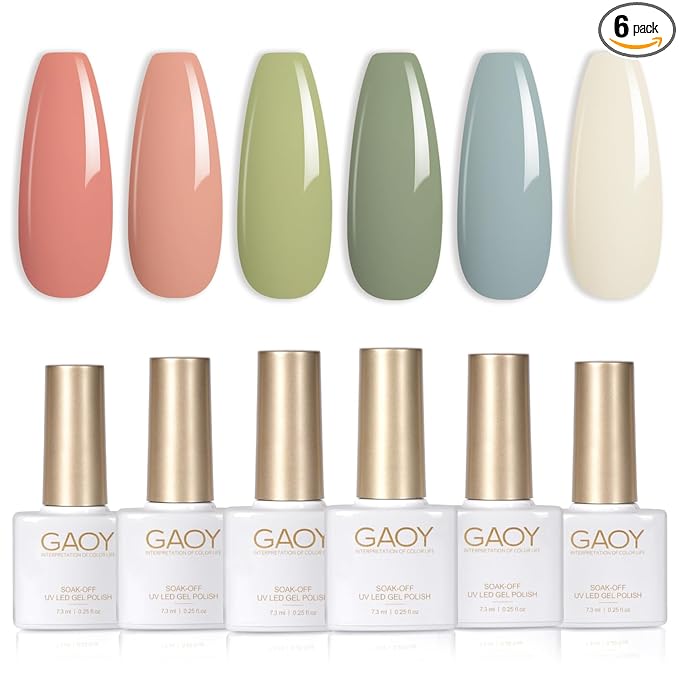 GAOY Green White Spring Gel Nail Polish Set, 6 Colors Blue Pink Coral Olive Soak Off UV Light Cure Gel Polish Kit for Salon and Nail Art DIY at Home