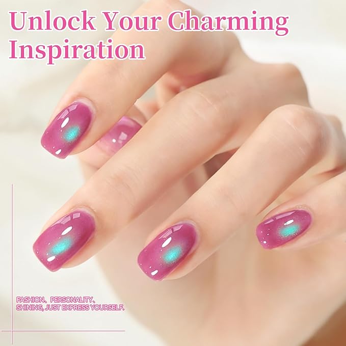 Born Pretty Spring Cat Magnetic Eye Gel Polish Set,6 Colors Pink Green Purple Crystal Jelly Shimmer Holographic Spring Summer Gel Nail Polish Kit with Magnet,DIY Manicure at Home
