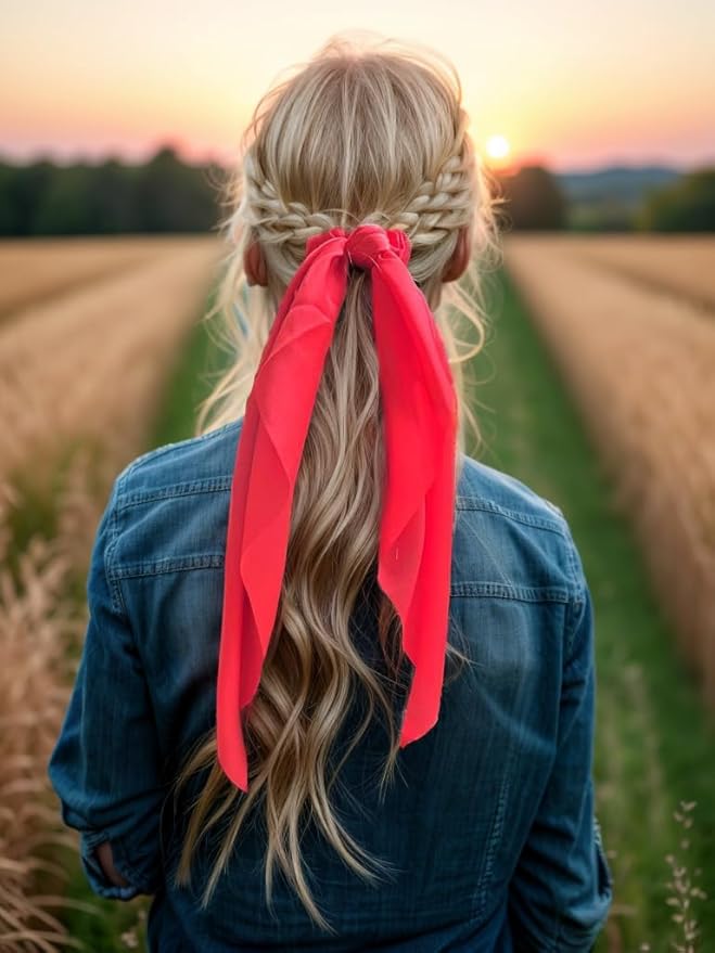 Pack of 2 Knotted Bow Hair Scrunchies Elastic Hair Scarf Black Hair Ties Bands Satin Hair Ribbon Scrunchy Red Ponytail Holder for Women and Girls (Red)