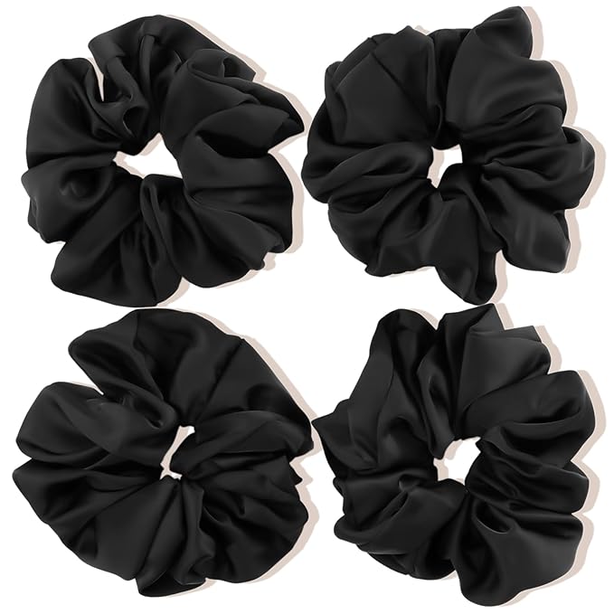 Lolalet Big Satin Scrunchies for Women, 5.9 Inch Large Oversized Scrunchie, Soft Jumbo/Giant Scrunchies Hair Ties for Thick & Curly Hair -4 Pack, All black