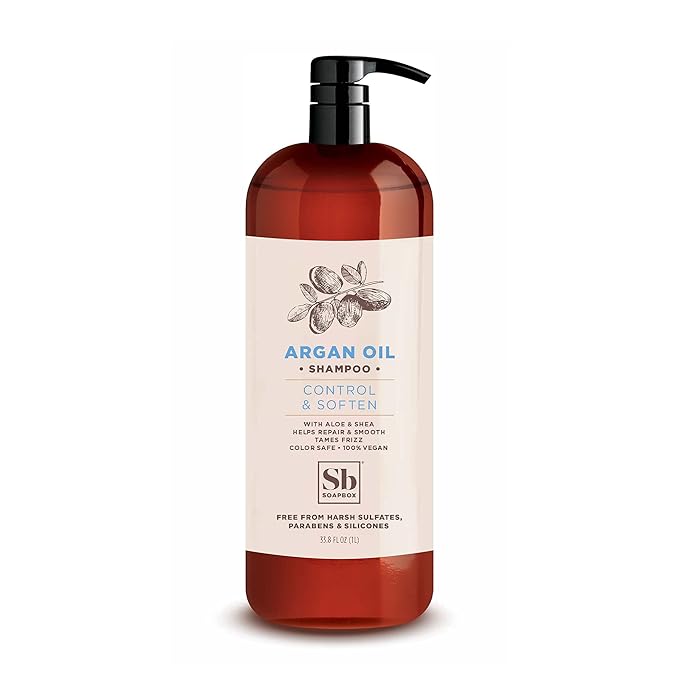 Soapbox Argan Oil & Vanilla Shampoo, Leaves Hair Smooth & Controls Frizz - Clean Ingredients Free of Harsh Chemicals, Sulfates, Parabens & Silicones - Anti Frizz Shampoo for Hair, 33.8 oz Liter