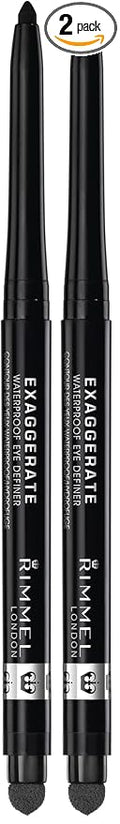 Rimmel London Exaggerate Waterproof Eye Definer Eyeliner, Highly Pigmented, Long-Wearing, Built-In Smudger, 262, Blackest Black, 0.01oz, 1 Count (Pack of 2)