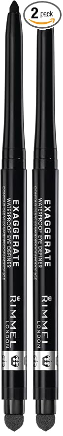 Rimmel London Exaggerate Waterproof Eye Definer Eyeliner, Highly Pigmented, Long-Wearing, Built-In Smudger, 262, Blackest Black, 0.01oz, 1 Count (Pack of 2)