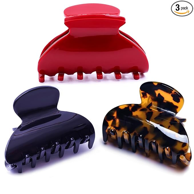 Womens Hair Clips Medium Claw Clips Tortoise Hair Jaw Clips Celluloid Hair Claw Clamps Acetate Hair Clip 3 Pack,Tortoise Shell/Black/Red