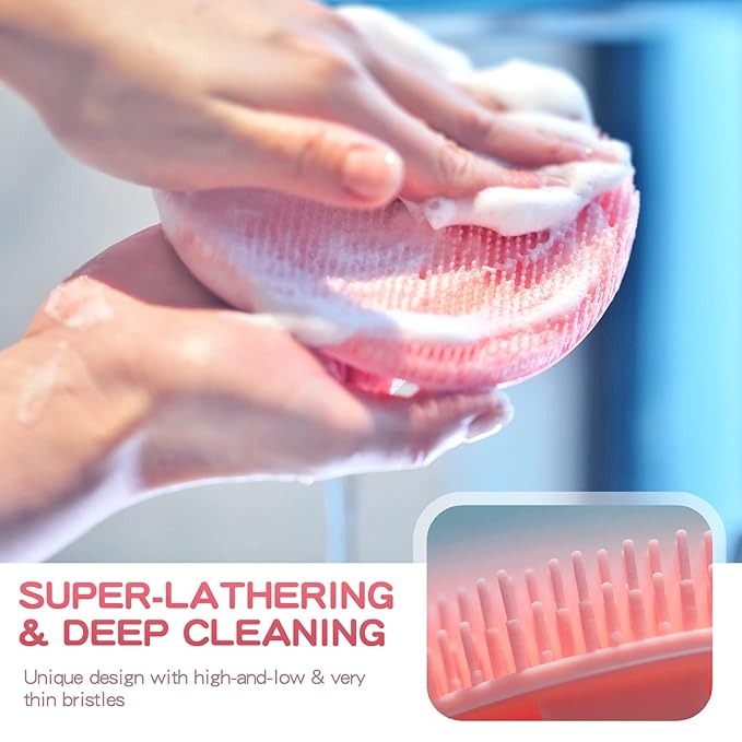 Manmihealth Extra-Large Shower Foot Scrubber Mat with Non-Slip Suction Cups, Silicone Body Scrubber with Long-Handle, Shower Bath Glove, Bath Sponge Net Combation (Pink)