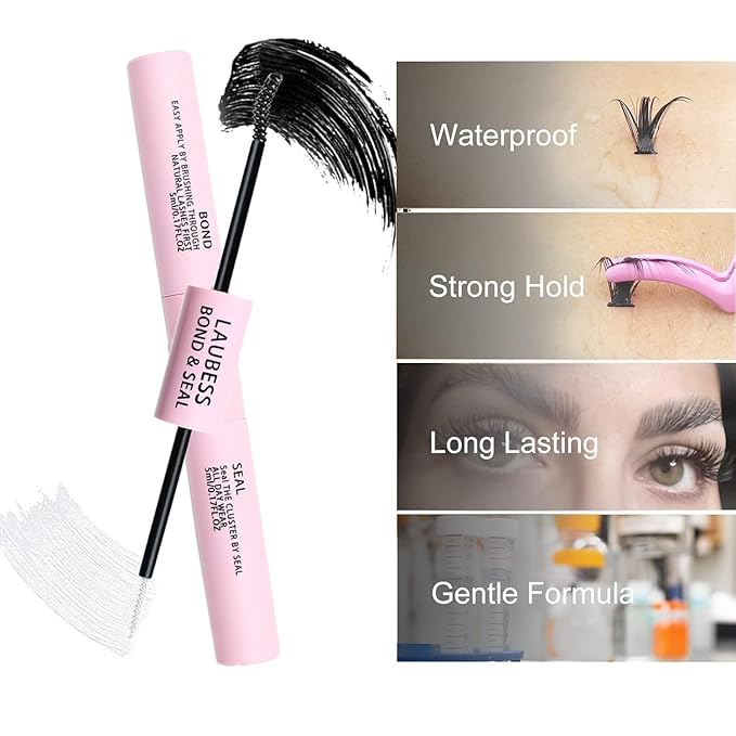 Lash Bond and Seal Waterproof 2Pcs LAUBESS Lash Glue for Eyelash Clusters 2 in 1 Lash Cluster Glue Adhesive Eyelash Glue Home Use Strong Hold 72H 10ml*2