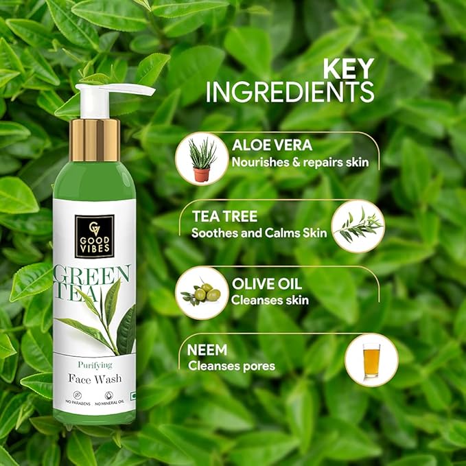 Good Vibes Green Tea Face Wash | Anti Acne Deep Cleansing Antioxidants Rich Facial Cleanser For All Skin Types | Natural, No Parabens & Mineral Oil (120 ml/4.06 Fl Oz)