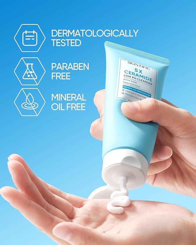 SKINTIFIC 5X Ceramides Low pH Facial Cleanser for Sensitive Skin, Hydrating Cleansing Face Wash with Amino Acids & Hyaluronic Acid, Not Tight, Maintain Skin Barrier,150ml