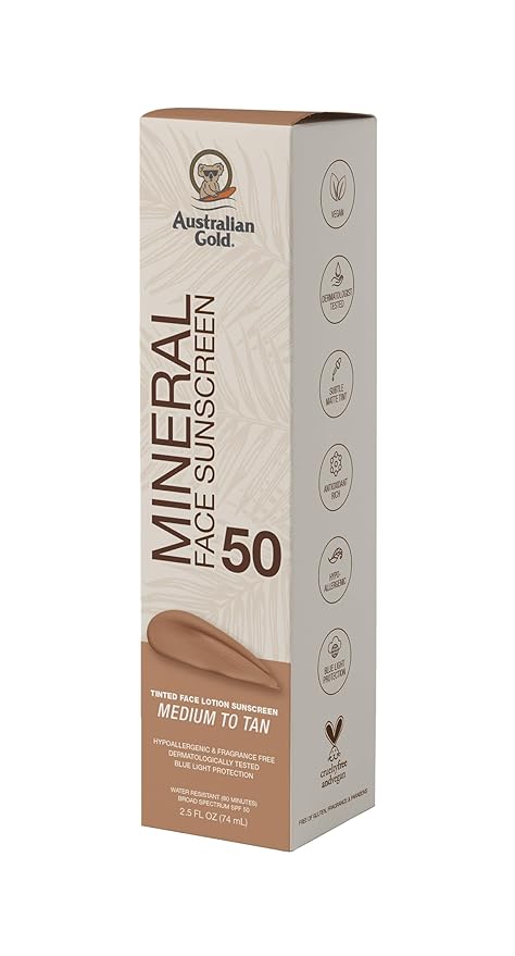 Australian Gold SPF 50 Tinted Mineral Face Sunscreen, Medium to Tan, 2.5 fl oz, Broad Spectrum, Non-Greasy BB Cream with Blue Light & Sun Protection, 4% Zinc Oxide & Titanium Dioxide, Hypoallergenic
