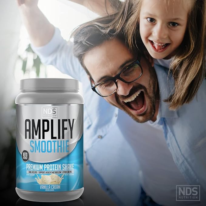 AMPLIFY NDS Nutrition Smoothie Premium Whey Protein Powder Shake with Added Greens and Amino Acids - Build Lean Muscle, Gain Strength, Lasting Energy, and Lose Fat - Vanilla (30 Servings)