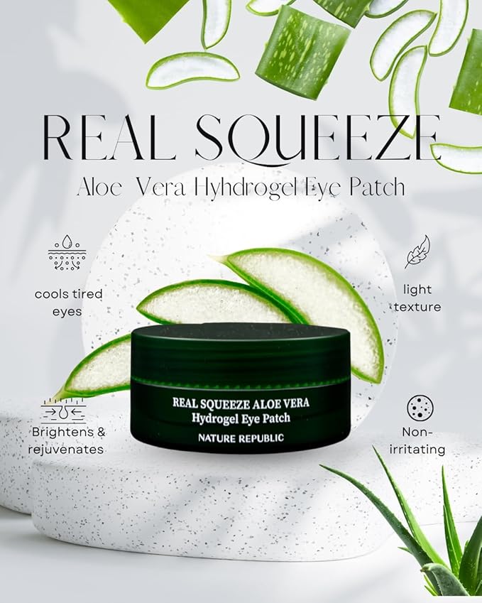 Nature Republic Real Squeeze Aloe Vera Eye Patch | Under Eye Masks for Dark Circles & Puffy Eyes, Cooling & Hydrating Glow, Korean Skin Care for All Skin Types (60 Count)