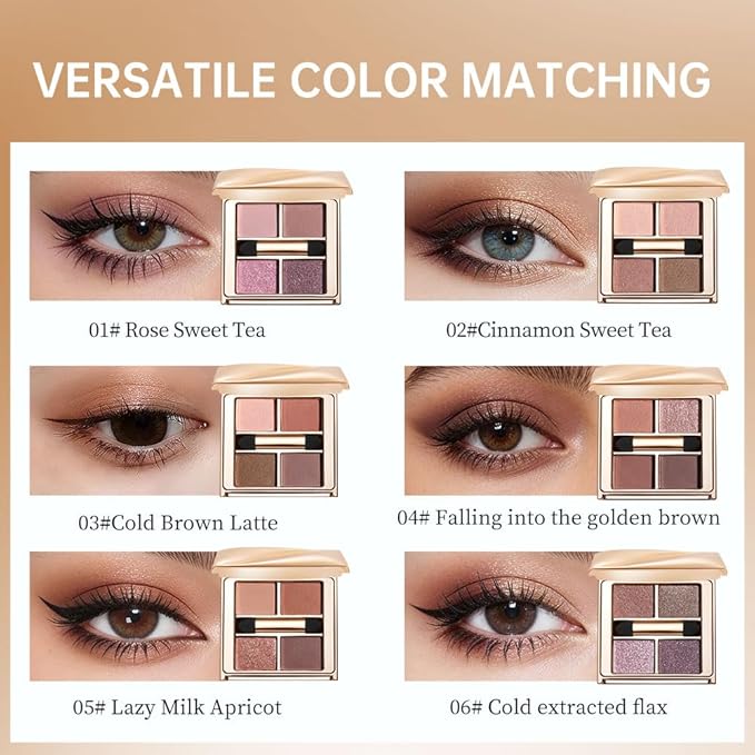 Warm Brown Eyeshadow Palette, 4-Color Matte & Shimmer Neutral Eye Shadow Kit for Soft Glam & Smokey Looks — High Pigment, Long-Lasting, Blendable Warm-Tone Makeup for Brown, Hazel & Green Eyes