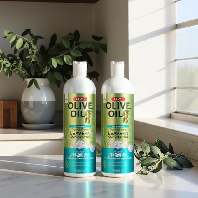 ORS Olive Oil Max Moisture Leave-In Conditioner with Rice Water and Electrolytes for Supercharged Hair Hydration 16.0 Ounce (Pack of 2)