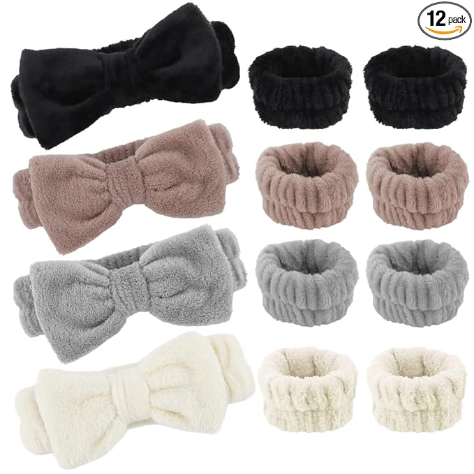 AOPRIE SPA Headbands for Washing Face Makeup Headbands with Bow Hair Band Women Facial Head Band Laurel Wrist Towel Wraps For Shower Face Mask Gray Black White Beige, 12 Pack