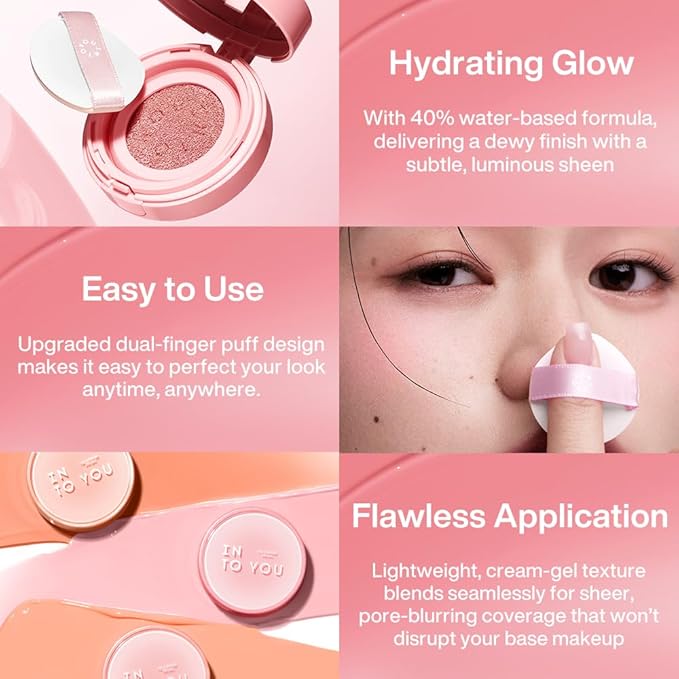 INTO YOU Cream Blush Air Cushion for Cheeks Eyes, Moisturizing, Lightweight, Dewy Finish Face Makeup, Long Wearing, Buildable, Blendable, Pigmented Liquid Blush, for All Skin Tones, Pink Mambo