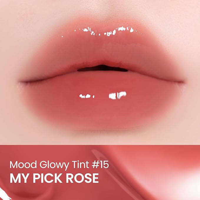 Peripera Mood Glowy Tint, Watery Glow Finish, Buildable Fresh Color, Lightweight, Long-Lasting, Non-Sticky, Korean Lip Tint (15 MY PICK ROSE)