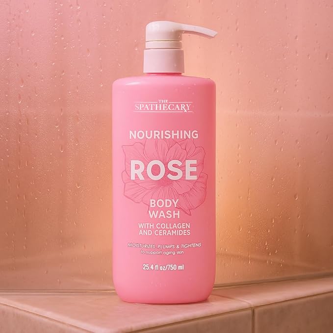 Rose Body Wash with Collagen & Ceramides – Hydrating Moisturizing Shower Gel for Dry & Mature Skin, Daily Cleanser with Rose Extract for Soft Skin, Vegan, Sulfate Free, 25.4 fl oz
