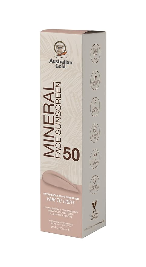 Australian Gold SPF 50 Tinted Mineral Face Sunscreen, Fair to Light, 2.5 fl oz, Broad Spectrum, Non-Greasy BB Cream with Blue Light & Sun Protection, 4% Zinc Oxide & Titanium Dioxide, Hypoallergenic