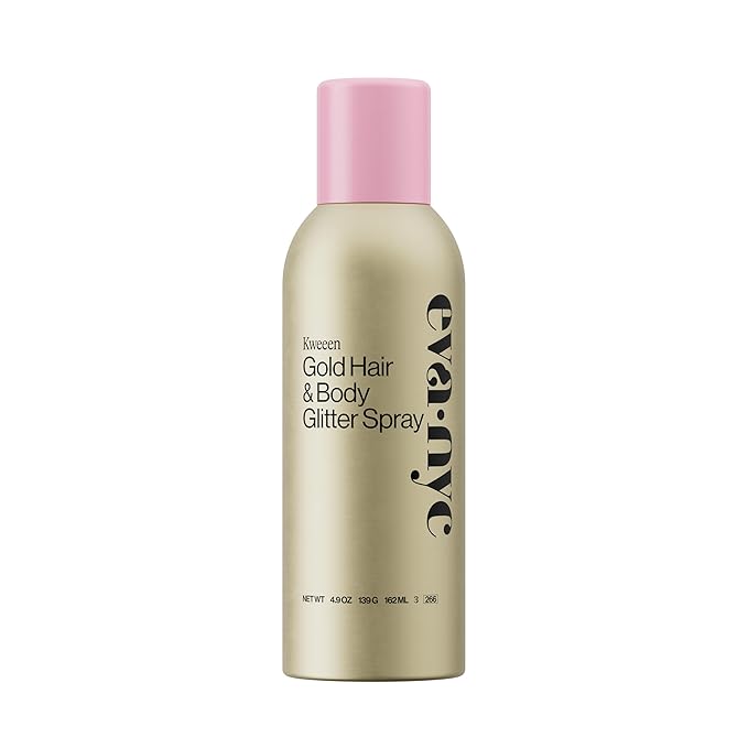 Eva NYC Kweeen Gold Hair and Body Glitter Spray - Ultra Shimmery Gold Glitter for Festivals - Adds Shine + Non-Sticky - Quick Drying Sparkle Spray for Hair and Body - Warm Vanilla Scent - 4.9 oz